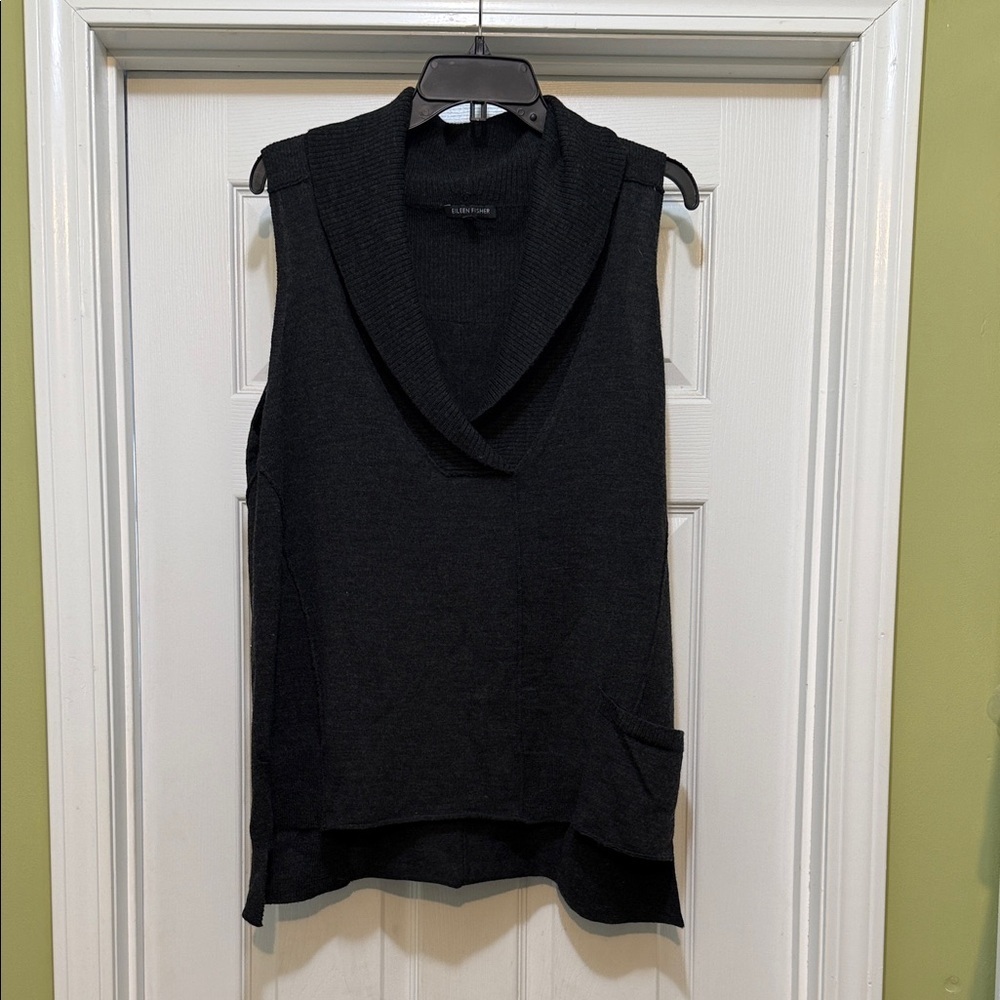 Eileen Fisher Merino Wool Sleeveless Sweater Tunic Shawl Collar Gray L